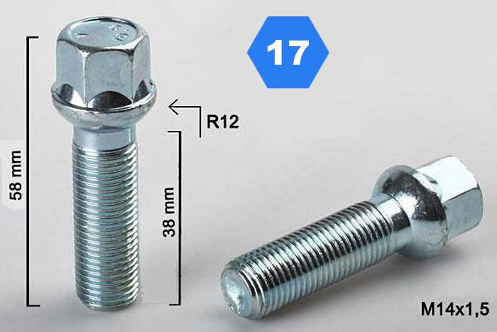 M14x1,5, Radius 12, Wielbout radius, Draadlengte 38mm, SW 17, o.a. Mercedes